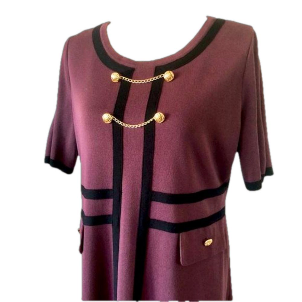 Ming Wang button detail contrast trim soft knit dress  burgundy black size M